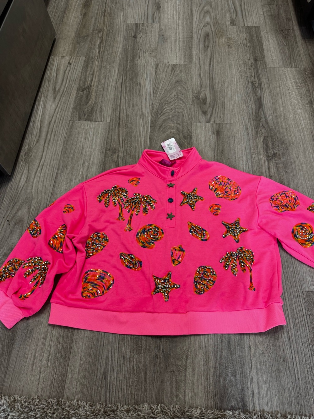 Stunning Gorgeous Queen of Sparkles M Shell Henley Sweatshirt Hot Pink New tags